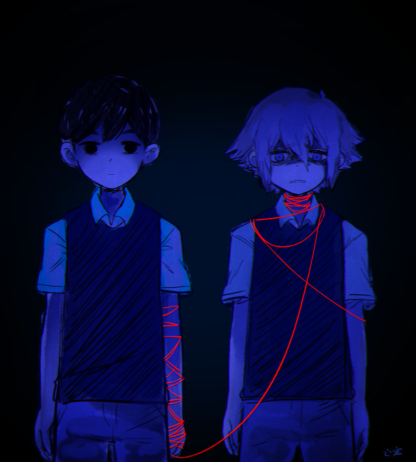 2boys antenna_hair basil_(faraway)_(omori) basil_(omori) black_eyes black_hair blue_theme brown_shorts closed_mouth collared_shirt expressionless highres kokomi_(aniesuakkaman) looking_at_viewer male_focus multiple_boys omori parted_lips shirt short_hair short_sleeves shorts spoilers string string_of_fate sunny_(omori) sweater_vest white_shirt