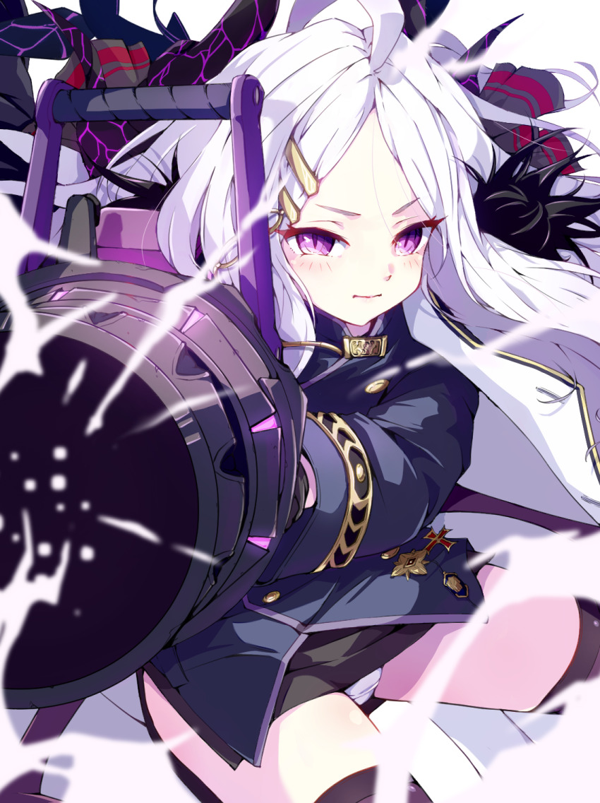 1girl ahoge aiming black_coat black_gloves black_skirt black_thighhighs blue_archive blush closed_mouth coat coat_on_shoulders commentary_request demon_girl demon_horns demon_wings gloves gun hair_ornament hairclip highres hina_(blue_archive) holding holding_gun holding_weapon horns long_hair looking_at_viewer machine_gun mg42 mosuke1221 panties purple_eyes skirt solo thighhighs thighs underwear weapon white_hair white_panties wings