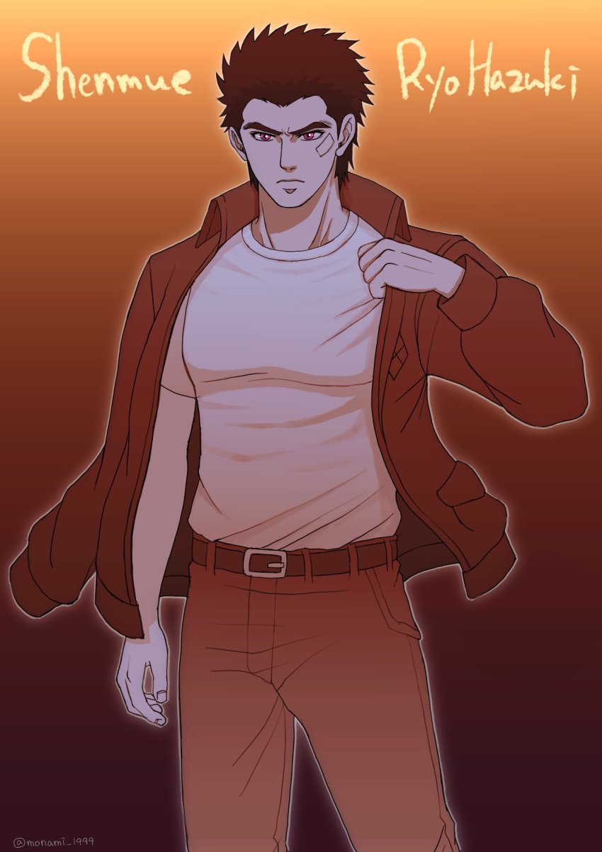 1boy angry bandage_on_face bandages belt brown_hair brown_jacket character_name closed_mouth collared_jacket copyright_name denim gradient_background hazuki_ryou highres jacket jacket_on_shoulders jeans leather leather_jacket looking_at_viewer monami_1999 muscular muscular_male orange_background pants red_eyes sega serious shenmue shenmue_the_animation shirt shirt_tucked_in signature simple_background solo spiked_hair thick_eyebrows twitter_username white_shirt
