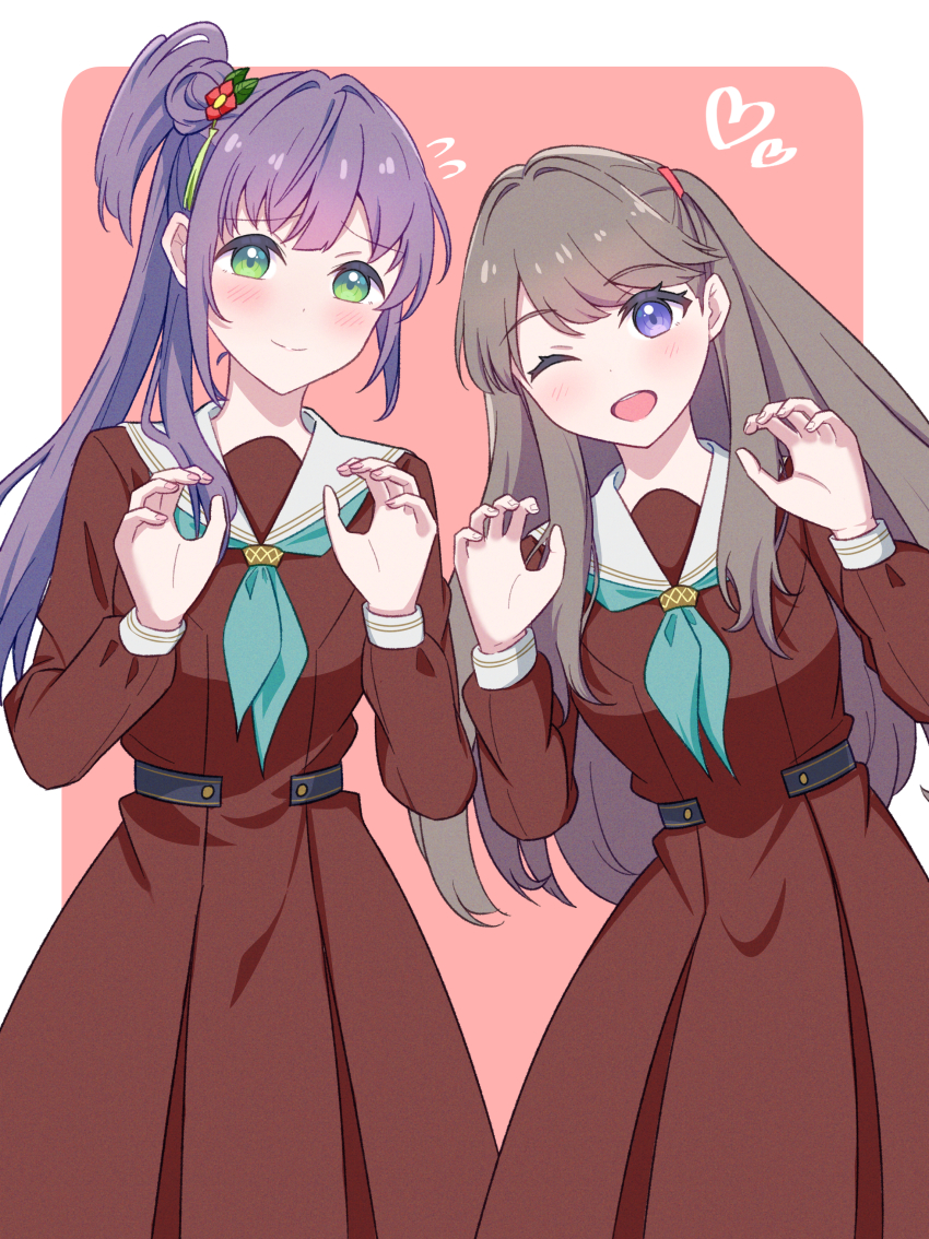 2girls ;d absurdres aqua_neckerchief blush border breasts brown_dress claw_pose closed_mouth commentary_request cowboy_shot dress embarrassed fujishima_megumi hasu_no_sora_school_uniform heart highres large_breasts link!_like!_love_live! long_sleeves looking_at_viewer love_live! medium_breasts multiple_girls neckerchief one_eye_closed open_mouth otomune_kozue outside_border pink_background pleated_dress raised_inner_eyebrows reason3_s sailor_collar sailor_dress school_uniform simple_background smile split_mouth virtual_youtuber white_border white_sailor_collar winter_uniform