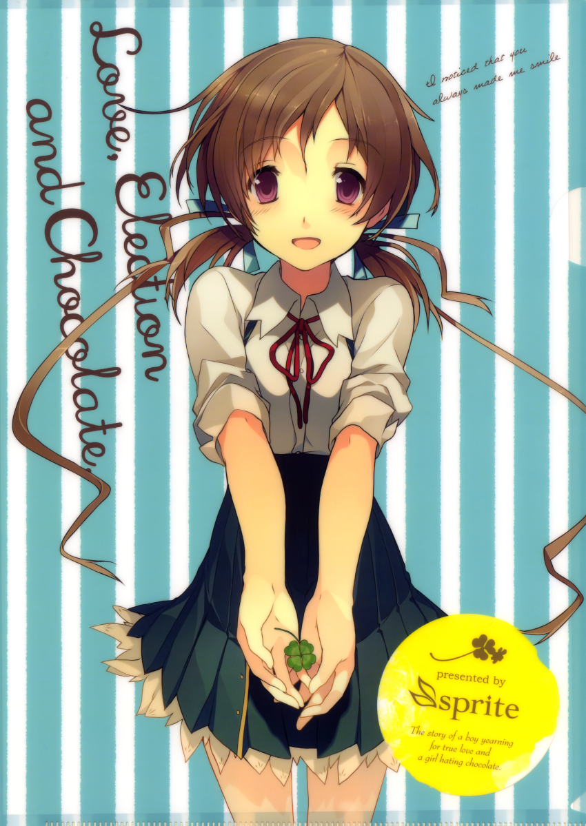 10s 1girl :d absurdres akinashi_yuu aomi_isara clover english_text female_focus four-leaf_clover highres koi_to_senkyo_to_chocolate open_mouth outstretched_hand purple_eyes school_uniform sleeves_pushed_up smile solo twintails