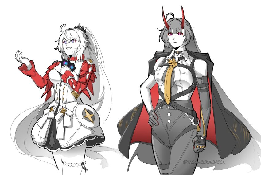 2girls :d ahoge astra_yao astra_yao_(cosplay) asymmetrical_gloves black_gloves breasts closed_mouth collared_shirt commentary company_connection cosplay dress elbow_gloves english_commentary evelyn_chevalier evelyn_chevalier_(cosplay) gloves hand_on_own_hip highres honkai_(series) honkai_impact_3rd horns jacket kiana_kaslana kiana_kaslana_(herrscher_of_finality) long_hair medium_breasts mihoyo mismatched_gloves mscheckacheck multiple_girls necktie open_mouth ponytail purple_eyes raiden_mei raiden_mei_(herrscher_of_thunder) red_jacket shirt simple_background smile thigh_strap very_long_hair white_background white_dress white_hair white_shirt yellow_necktie zenless_zone_zero
