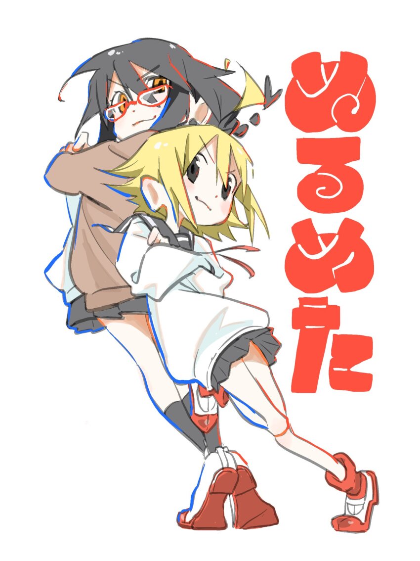 2girls black_hair blonde_hair copyright_name full_body glasses highres jacket kneehighs long_sleeves miniskirt multiple_girls null-meta osakana_tomika red-framed_eyewear shoes skirt sneakers socks souen_chiaki uozumi_kurumi white_background