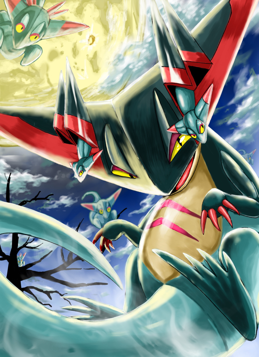 claws dragapult dragon_tail dreepy flying gen_8_pokemon ghost_tail half-closed_eyes highres launching looking_at_viewer night night_sky nintendo no_humans pokemon pokemon_(creature) sawa_d simple_background sky tail yellow_eyes