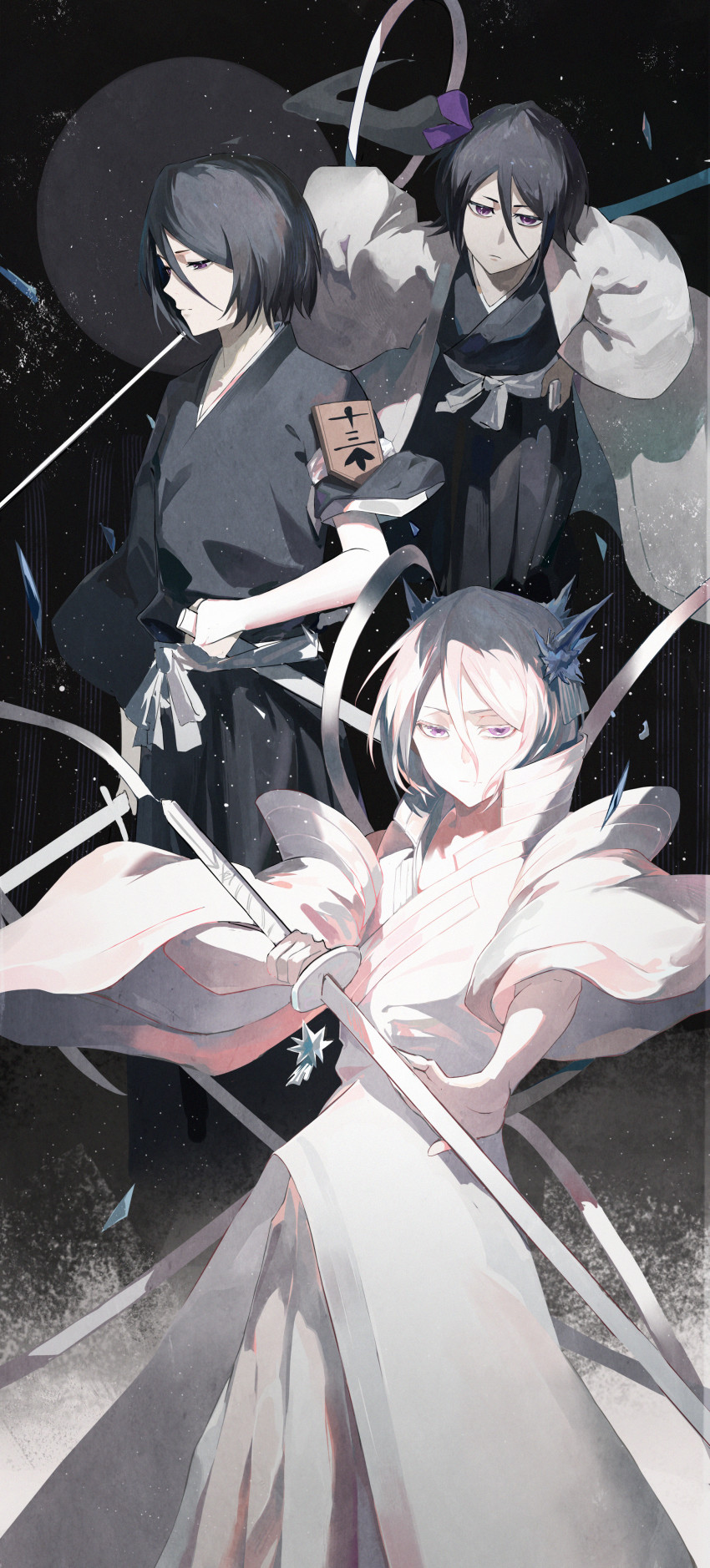 1girl absurdres bankai black_hair bleach bleach:_sennen_kessen-hen blue_eyes breasts hair_between_eyes hakama highres ice japanese_clothes kimono kuchiki_rukia looking_at_viewer purple_eyes shinigami short_hair small_breasts sode_no_shirayuki sode_no_shirayuki_(shikai) solo sword weapon white_hair zzz_zhi_he