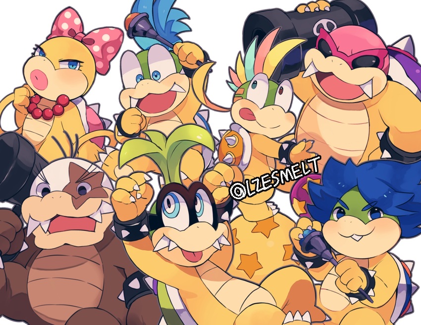 :d arms_up artist_name ball bead_necklace beads black_eyes blue_eyes blue_hair bow bracelet brown_eyes fangs green_hair hammer heterochromia highres holding holding_hammer holding_wand iggy_koopa jewelry koopalings larry_koopa lemmy_koopa ludwig_von_koopa lzesmelt mario_(series) mohawk morton_koopa_jr. multicolored_hair necklace nintendo open_mouth pink_hair polka_dot polka_dot_bow roy_koopa simple_background smile spiked_bracelet spikes sunglasses super_mario_bros._3 wand wendy_o._koopa