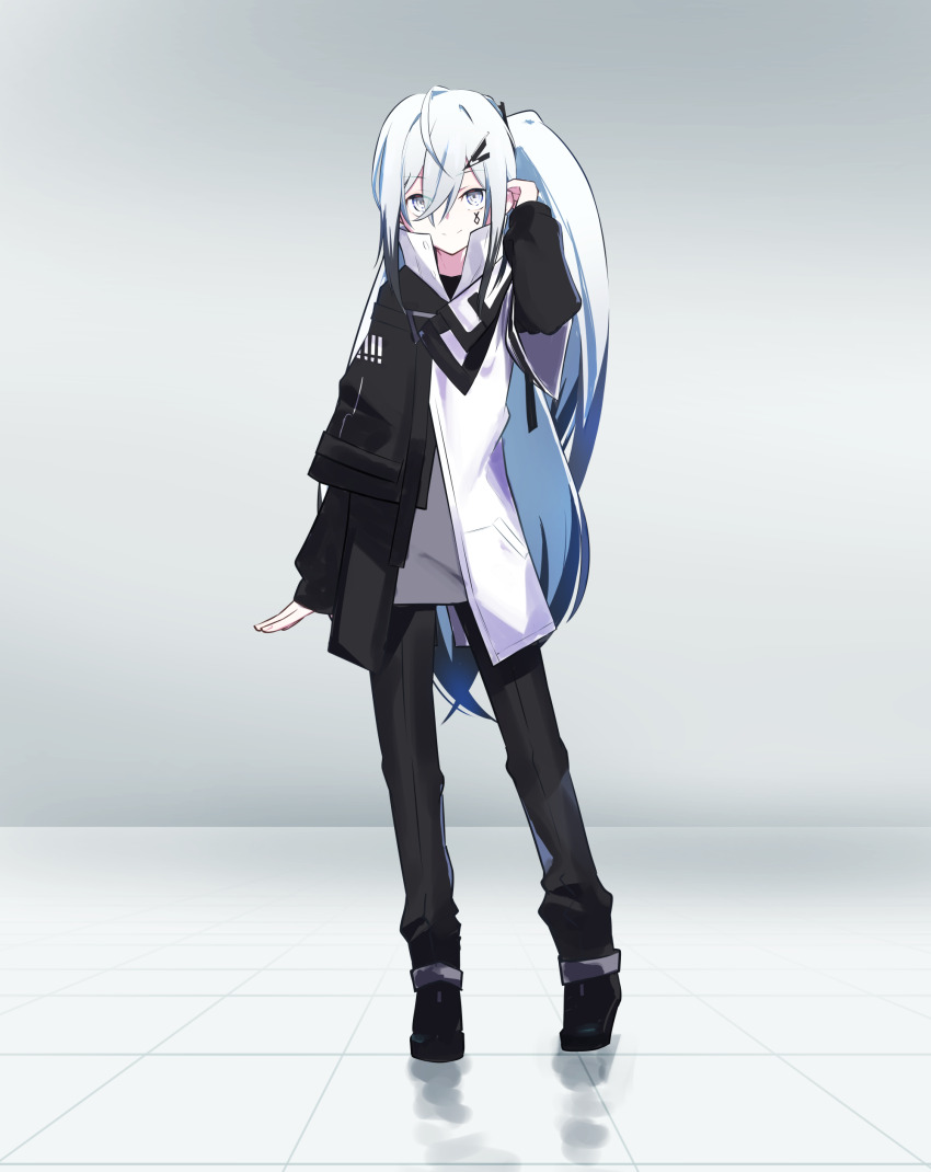 1girl absurdres allial_(coefont) arm_at_side averuni_(coefont) averuni_(coefont)_(cosplay) black_hair black_jacket black_pants black_shoes closed_mouth coefont collared_jacket commentary contrapposto cosplay crossed_bangs full_body fusion grey_eyes hair_between_eyes hand_up high_collar highres indoors jacket legs_apart long_hair long_sleeves looking_at_viewer multicolored_hair multicolored_jacket pants partially_unzipped shoes side_ponytail sidelocks smile solo straight-on teckinder tile_floor tiles tucking_hair two-tone_hair two-tone_jacket white_hair white_jacket
