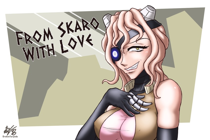 1girl breasts broken_torpedo cleavage dalek dalek_emperor doctor_who elbow_gloves english_text eyepatch female_focus gloves long_hair looking_at_viewer personification see-through_clothes simple_background smile solo teeth tentacle_hair yellow_eyes
