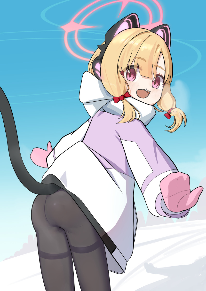 1girl :3 :d absurdres animal_ear_headphones animal_ears ass black_pantyhose black_tail blonde_hair blue_archive blue_sky blunt_bangs bow breath cat_ear_headphones cat_ears cat_tail chinese_commentary coat commentary_request cowboy_shot crotch_seam day dot_nose fake_animal_ears fake_tail floating_hair from_behind hair_bow halo headphones highres leaning_forward light_blush long_sleeves looking_at_viewer looking_back low-tied_sidelocks marshal_(artist) medium_hair mittens mixed-language_commentary momoi_(blue_archive) multicolored_coat no_pants official_alternate_costume open_mouth outdoors outstretched_arms pantyhose pink_eyes pink_halo pink_mittens purple_coat red_bow scarf scarf_bow sidelocks sky smile snow solo standing tail tail_raised tareme teeth thighband_pantyhose two-tone_coat upper_teeth_only white_coat white_scarf winter winter_clothes