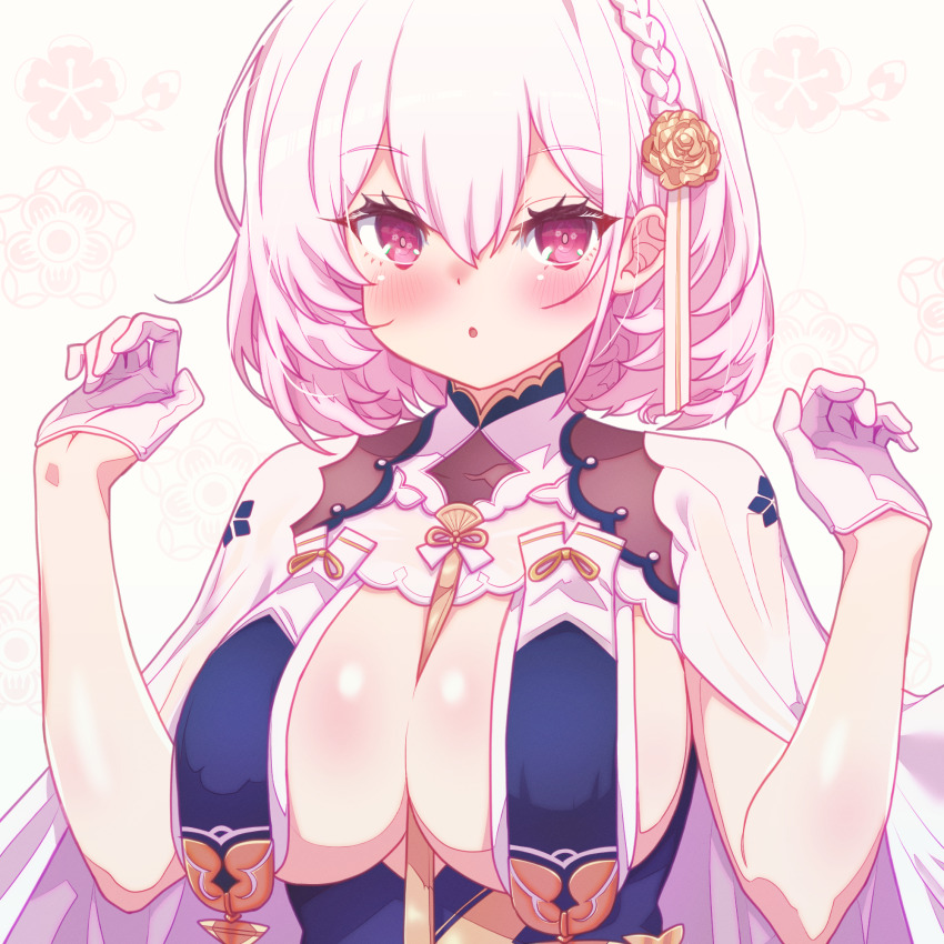 1girl arbiter1 azur_lane braid breast_curtains breasts china_dress chinese_clothes dress gloves hair_between_eyes half_gloves hands_up highres looking_at_viewer medium_hair official_alternate_costume red_eyes revealing_clothes ribbon ribbon_between_breasts side_braid sirius_(azur_lane) sirius_(azure_horizons)_(azur_lane) solo upper_body white_gloves white_hair