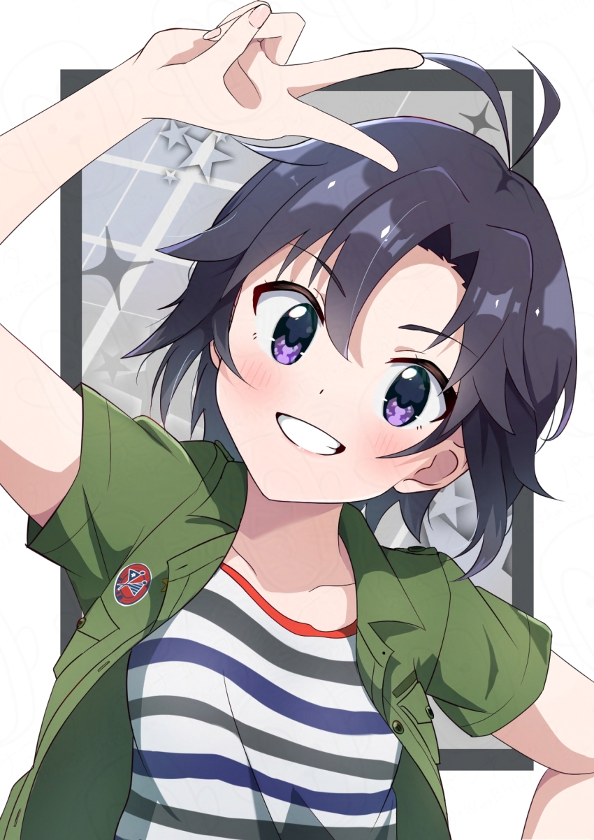 1girl antenna_hair arm_up black_hair blush border fingernails green_jacket grin highres idolmaster idolmaster_(classic) idolmaster_million_live! idolmaster_million_live!_theater_days jacket kikuchi_makoto looking_at_viewer open_clothes open_jacket outside_border purple_eyes shirt short_hair short_sleeves smile solo striped_clothes striped_shirt twwibql2kktg5am upper_body v white_border