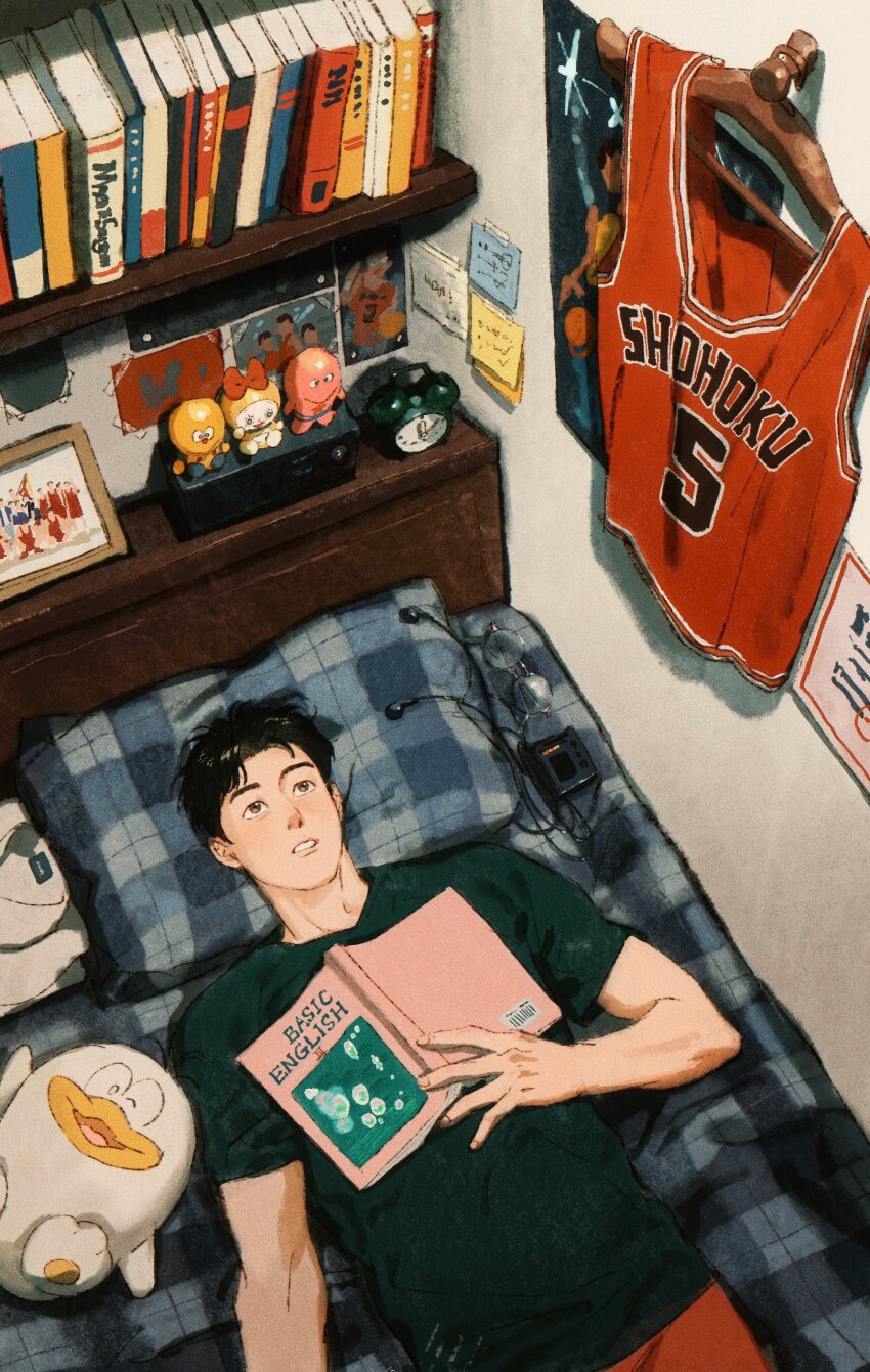1boy absurdres alarm_clock basketball_uniform bedroom black_hair black_shirt black_sleeves book bookshelf brown_eyes chengongzi123 chinese_commentary clock commentary_request cowboy_shot doraemon dorami dorompa_(q-tarou) fingernails highres holding holding_book indoors kiteretsu_daihyakka kogure_kiminobu korosuke looking_at_object lying male_focus obake_no_q-tarou on_back on_bed open_book parted_lips photo_(object) picture_frame poster_(object) q-tarou red_shorts red_tank_top shirt short_hair short_sleeves shorts slam_dunk_(series) solo sportswear sticky_note stuffed_toy t-shirt tank_top teeth thick_eyebrows unworn_shirt