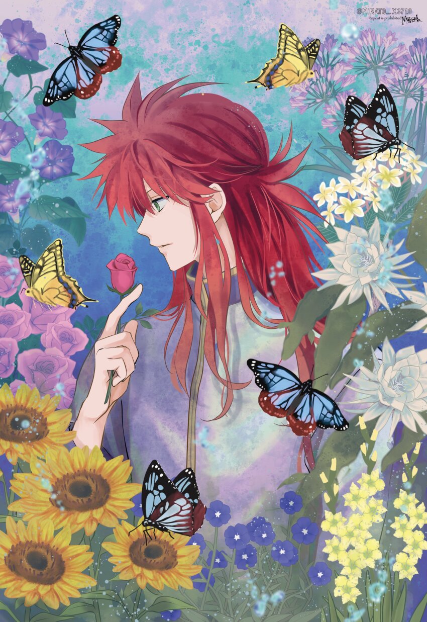 1boy absurdres blue_background blue_flower bug butterfly epiphyllum flower flower_request gladiolus green_eyes half_updo highres holding holding_flower insect jacket kurama_(yu_yu_hakusho) leaf long_hair looking_at_animal looking_to_the_side male_focus minato_x3710 morning_glory parted_lips pink_flower pink_rose profile purple_flower purple_jacket red_flower red_hair red_rose rose school_uniform solo spiked_hair sunflower upper_body white_flower yellow_flower yuu_yuu_hakusho
