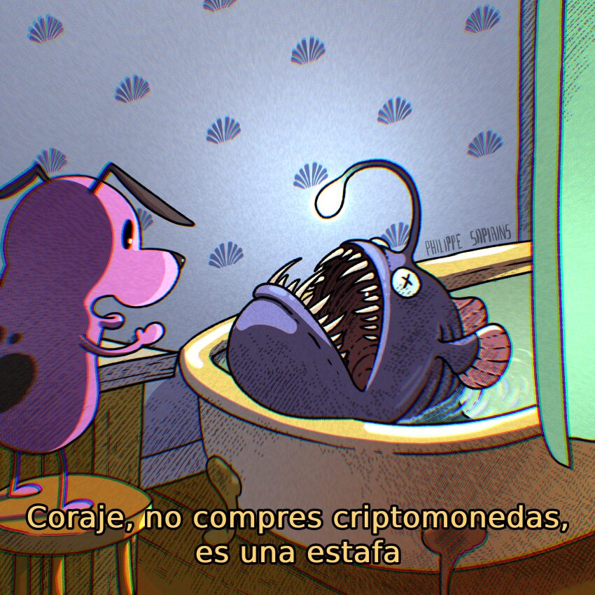 absurdres anglerfish artist_name bathtub bench commentary courage_(character) courage_the_cowardly_dog curtains dog fish highres indoors open_mouth pink_fur psapiains spanish_commentary spanish_text translated