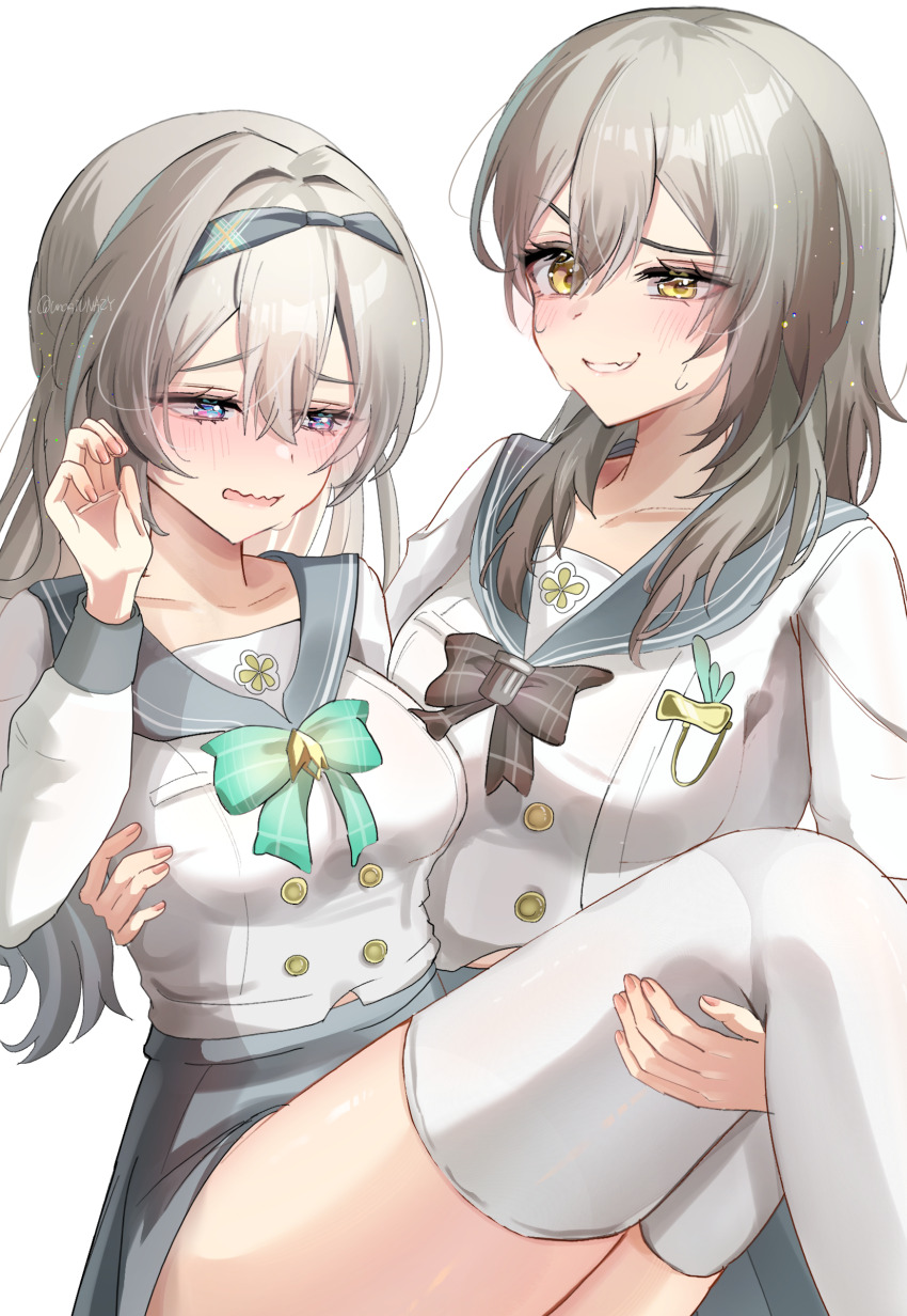 2girls absurdres black_bow black_bowtie black_hairband blush bow bowtie carrying carrying_person checkered_bow checkered_clothes chuuna_(unagiunazy) commentary_request cosplay embarrassed firefly_(honkai:_star_rail) firefly_(honkai:_star_rail)_(cosplay) firefly_(spring_missive)_(honkai:_star_rail) green_bow green_bowtie grey_hair grey_sailor_collar hairband highres honkai:_star_rail honkai_(series) long_hair miniskirt multicolored_eyes multiple_girls plaid_bow plaid_bowtie plaid_clothes princess_carry sailor_collar school_uniform serafuku shirt skirt stelle_(honkai:_star_rail) sweat thighhighs thighs trailblazer_(honkai:_star_rail) two-tone_eyes white_shirt white_thighhighs yellow_eyes yuri zettai_ryouiki