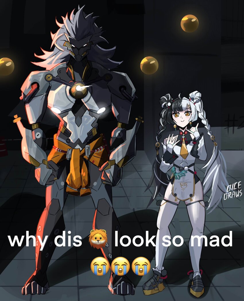 1boy 1girl banyue_(zenless_zone_zero) black_hair breasts detached_sleeves dialyn_(zenless_zone_zero) dicedraws dress highres humanoid_robot mechanical_arms medium_breasts multicolored_hair robot signature split-color_hair thighhighs white_dress white_hair white_thighhighs yellow_eyes zenless_zone_zero