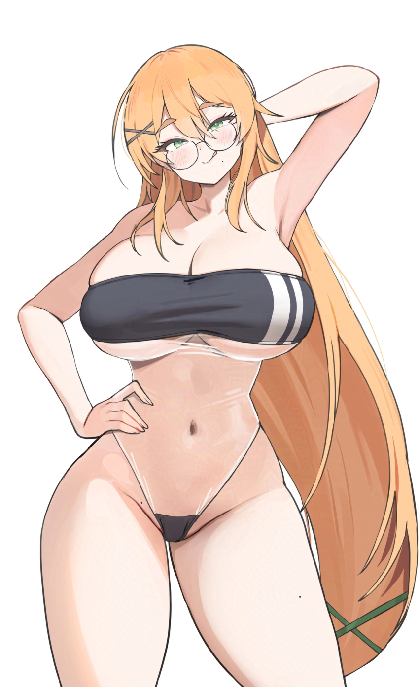 1girl absurdres arm_behind_head blonde_hair blush breasts commission curvy glasses green_eyes gris_swimsuit hand_on_own_hip highres large_breasts long_hair looking_at_viewer meme_attire mole mole_on_thigh mole_under_mouth one-piece_swimsuit original see-through_clothes see-through_one-piece_swimsuit simple_background solo swimsuit thick_thighs thighs twin_(tt_lsh) white_background
