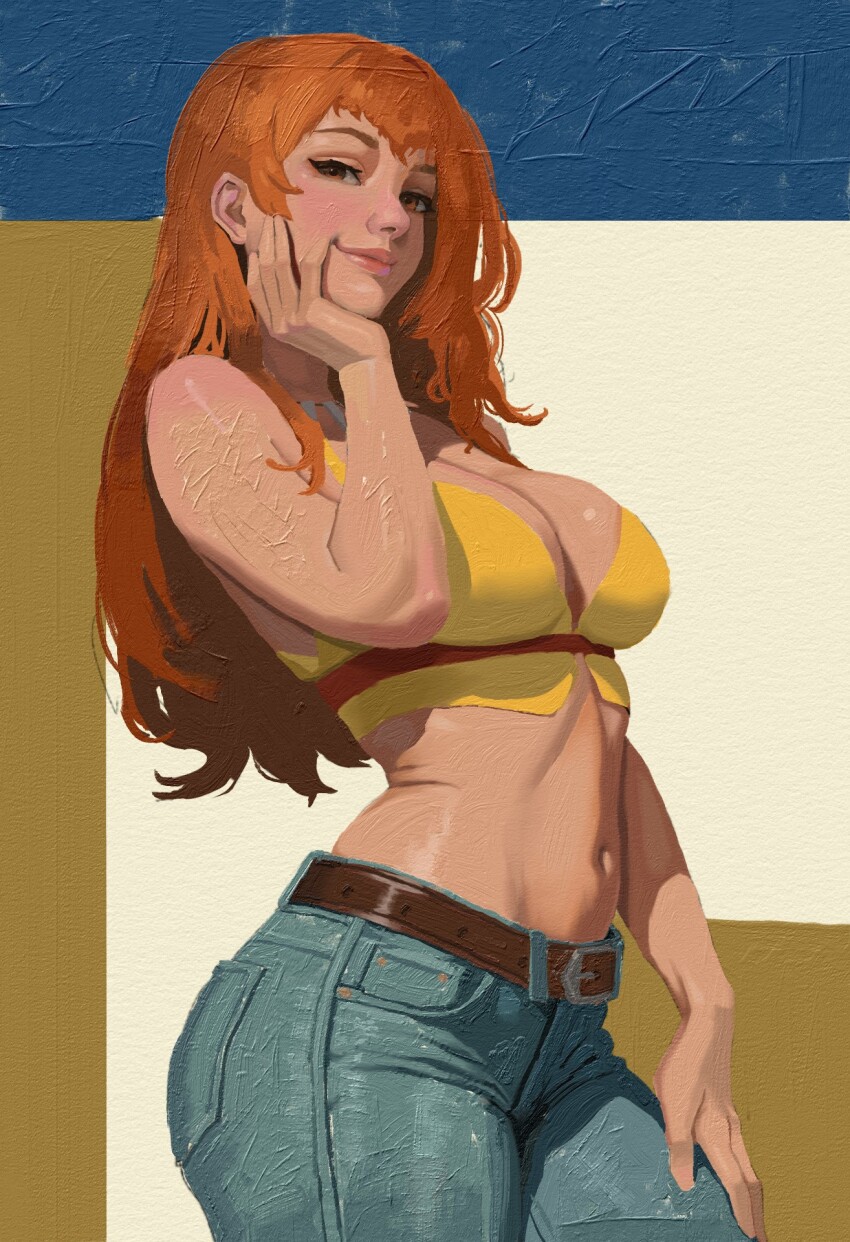 1girl antsiart bare_shoulders belt belt_buckle breasts brown_belt buckle cleavage colorful_background commentary crop_top denim english_commentary from_side hair_between_eyes hand_on_own_chin hand_on_own_thigh highres jeans jewelry joy_(shenmue) large_breasts long_hair looking_at_viewer midriff navel necklace orange_eyes orange_hair pants shenmue shenmue_ii shenmue_the_animation sidelocks smile solo