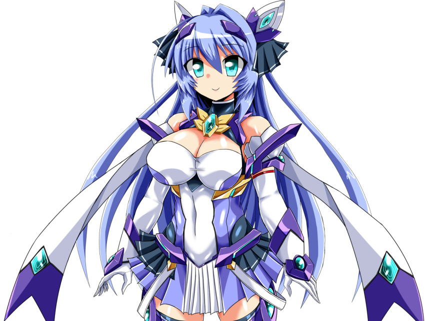 1girl aqua_eyes bare_shoulders blue_eyes blue_hair blue_thighhighs breasts cleavage covered_navel cowboy_shot elbow_gloves exs-tia exs-tia_(kouyoku_senki_exs-tia_3) gem gloves hair_between_eyes hair_intakes hair_ornament headgear katsuragi_marina kouyoku_senki_exs-tia large_breasts long_hair looking_at_viewer magical_girl pleated_skirt skirt smile solo standing thighhighs transparent_background very_long_hair white_gloves zesuto zettai_ryouiki