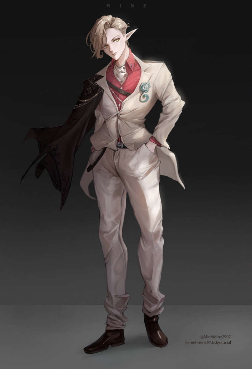 1boy belt black_belt black_coat blonde_hair brown_footwear chain coat collared_shirt commentary earrings embroidered_coat english_commentary eye_piercing flower_on_chest flower_ornament frilled_shirt frills gradient_background half-coat hands_in_pockets highres jacket jewelry long_sleeves looking_to_the_side medium_hair minz_(minh_nguyen) original pants parted_lips pointy_ears red_shirt shirt single_earring smile solo standing teeth white_jacket white_pants yellow_eyes