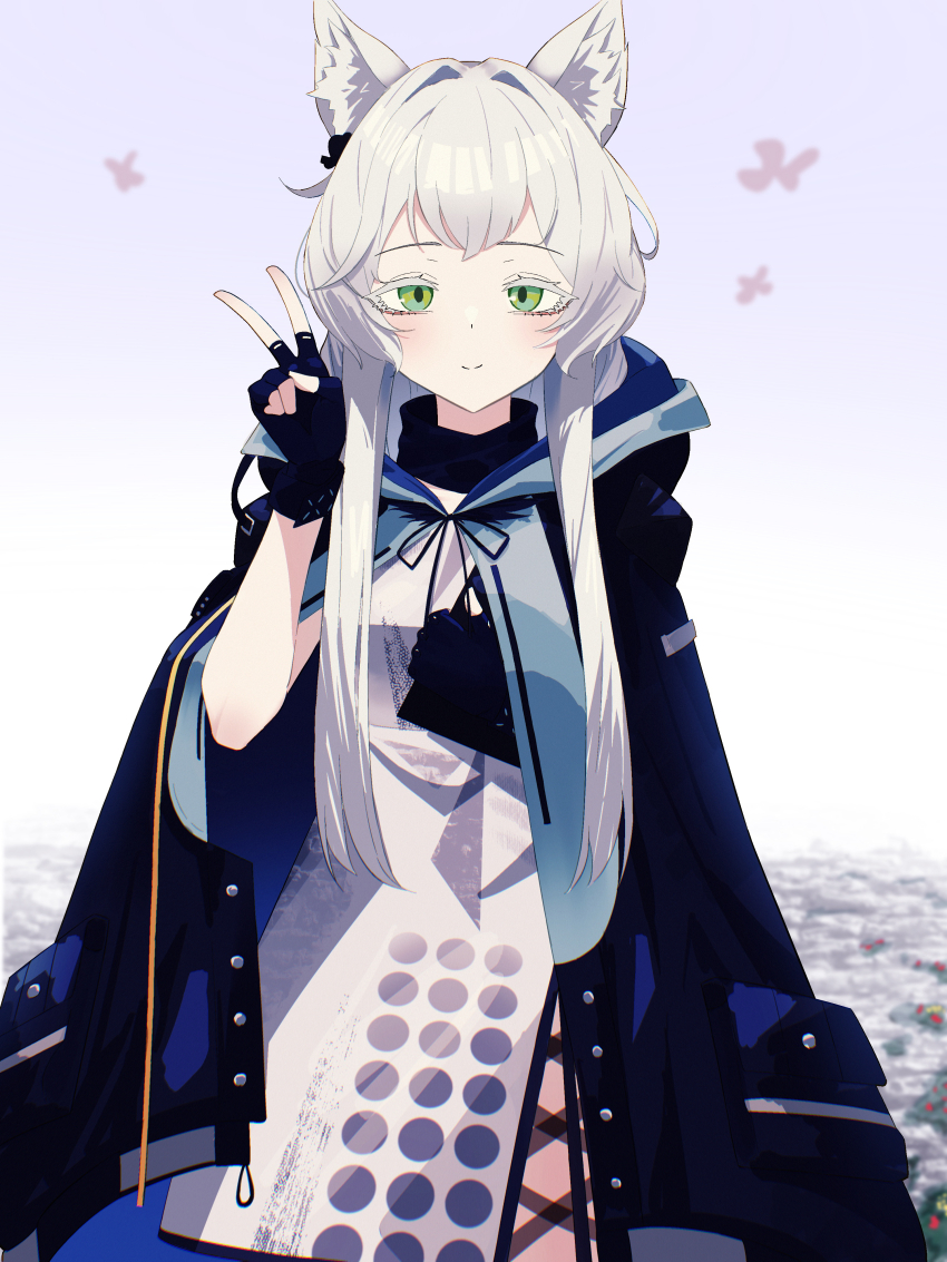 1girl absurdres animal_ear_fluff animal_ears arknights black_coat black_gloves blush chromatic_aberration closed_mouth coat coat_on_shoulders colored_eyelashes commentary_request commission cowboy_shot dress fingerless_gloves gloves green_eyes grey_hair highres hood hood_down hooded_coat infection_monitor_(arknights) long_hair looking_at_viewer rosmontis_(arknights) sikakuinasu skeb_commission smile solo split_mouth standing v white_dress