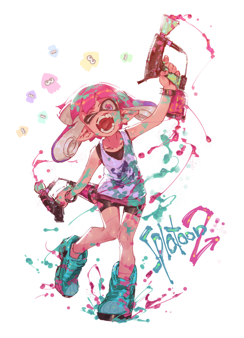 1girl black_bra black_shorts blue_shoes bra bra_peek bracelet chomoran collarbone commentary_request copyright_name dual_wielding flat_chest full_body high_tops highres holding holding_weapon inkling inkling_girl inkling_player_character jewelry medium_hair miniskirt multicolored_hair nintendo one_eye_closed open_mouth paint_splatter pink_eyes pink_hair pink_skirt pointy_ears purple_hair shoes shorts shorts_under_skirt skirt sneakers solo splat_dualies_(splatoon) splatoon_(series) splatoon_2 standing standing_on_one_leg tank_top tentacle_hair two-tone_hair underwear weapon white_background white_tank_top
