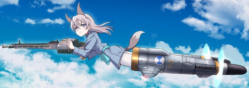 1girl absurdres animal_ears ass blue_eyes blush closed_mouth eila_ilmatar_juutilainen flying fox_ears fox_girl fox_tail full_body gun highres leggings long_hair looking_at_viewer military_uniform mirage4000000 rifle sky smile solo strike_witches striker_unit tail weapon white_hair white_leggings world_witches_series