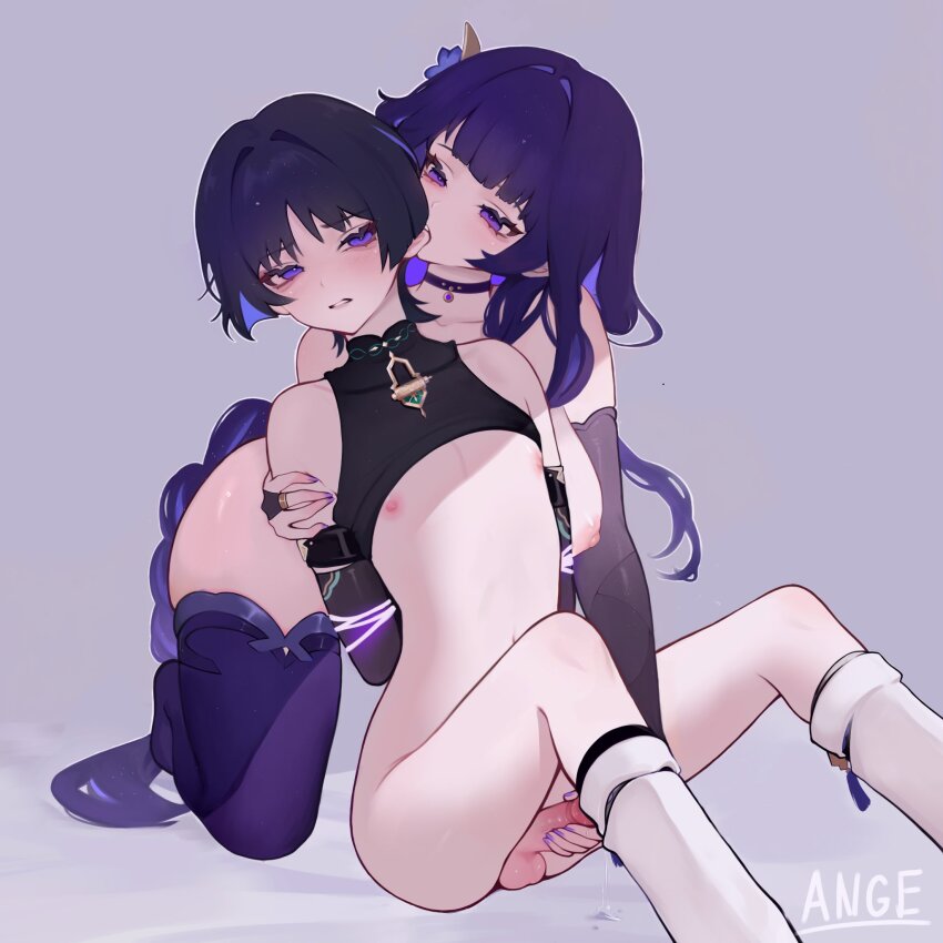1boy 1girl ange510763 arms_behind_back artist_name assertive_female biting biting_ear black_bridal_gauntlets black_choker black_shirt blunt_bangs blunt_ends bottomless bound bound_arms breasts bridal_gauntlets choker clothes_lift collarbone colored_inner_hair erection eyelashes flower genshin_impact grabbing_from_behind hair_flower hair_ornament highres holding_another&#039;s_arm incest kneeling large_breasts leg_warmers long_hair low-braided_long_hair low-tied_long_hair mandarin_collar mother_and_son multicolored_hair navel nibbling nipples parted_lips penis pink_lips precum purple_eyes purple_flower purple_hair purple_nails purple_thighhighs raiden_shogun reach-around scaramouche_(genshin_impact) shirt shirt_lift sidelocks sitting skindentation sleeveless sleeveless_shirt tassel thighhighs topless_female tsurime very_long_hair wanderer_(genshin_impact) white_leg_warmers white_mouth wispy_bangs