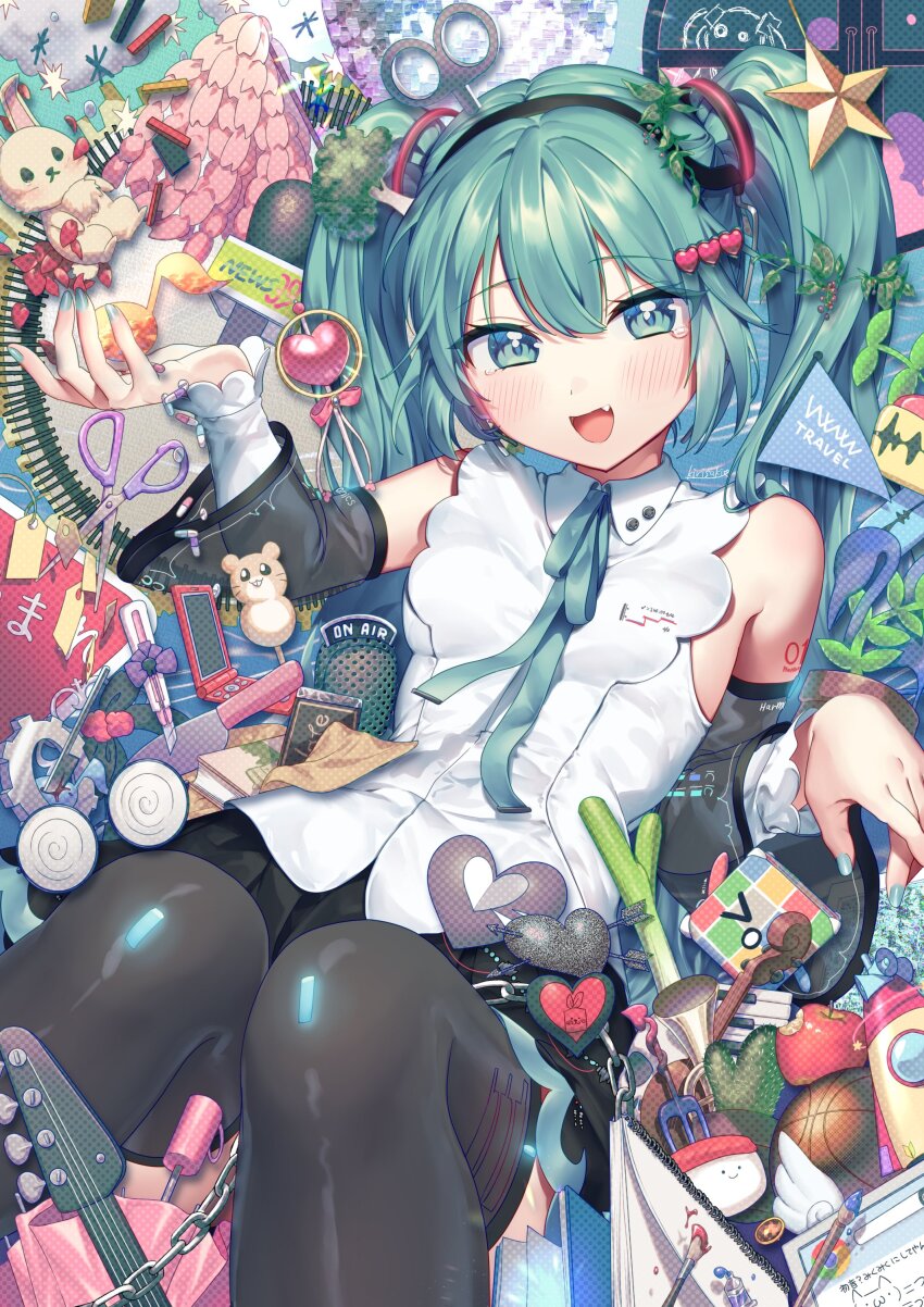 1girl absurdres arm_up ball basketball_(object) bass_guitar birthday black_skirt black_sleeves black_thighhighs blue_eyes blue_hair blue_nails blue_ribbon blush boxcutter cellphone coke-bottle_glasses crying detached_sleeves electric_angel_(vocaloid) fang feet_out_of_frame fingernails glasses google_chrome guitar hair_ornament hatsune_miku hatsune_miku_(nt) heart heart_hair_ornament hello_planet_(vocaloid) highres instrument kagerou_days_(vocaloid) kirisaki_shuusei melt_(vocaloid) microphone miku_miku_ni_shite_ageru_(vocaloid) music news_39_(vocaloid) notebook open_mouth phone piapro_studio pleated_skirt ribbon romeo_to_cinderella_(vocaloid) scissors senbonzakura_(vocaloid) shirt skirt sleeveless sleeveless_shirt song_request songover spring_onion star_(symbol) star_hair_ornament stuffed_animal stuffed_rabbit stuffed_toy teeth thighhighs tongue tree_hair_ornament unhappy_refrain_(vocaloid) vocaloid white_shirt white_sleeves