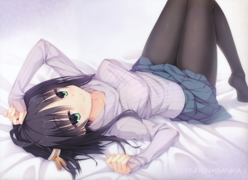 1girl arm_above_head bed_sheet black_hair black_pantyhose blue_skirt blush breasts c: closed_mouth clothes_pull collarbone copyright_name dutch_angle eyes_visible_through_hair feet fingernails full_body green_eyes grey_sweater hair_ornament hairband happy head_tilt highres hitachi_mako knees_out_of_frame knees_together_feet_apart knees_up large_breasts long_hair long_legs long_sleeves looking_at_viewer lying miniskirt muririn no_shoes official_art on_back pantyhose parted_bangs pleated_skirt ribbed_sweater senren_banka simple_background skirt skirt_pull sleeves_past_wrists smile soles solo sweater tassel tassel_hair_ornament textless_version thighs tiptoes white_background white_hairband yuzu-soft