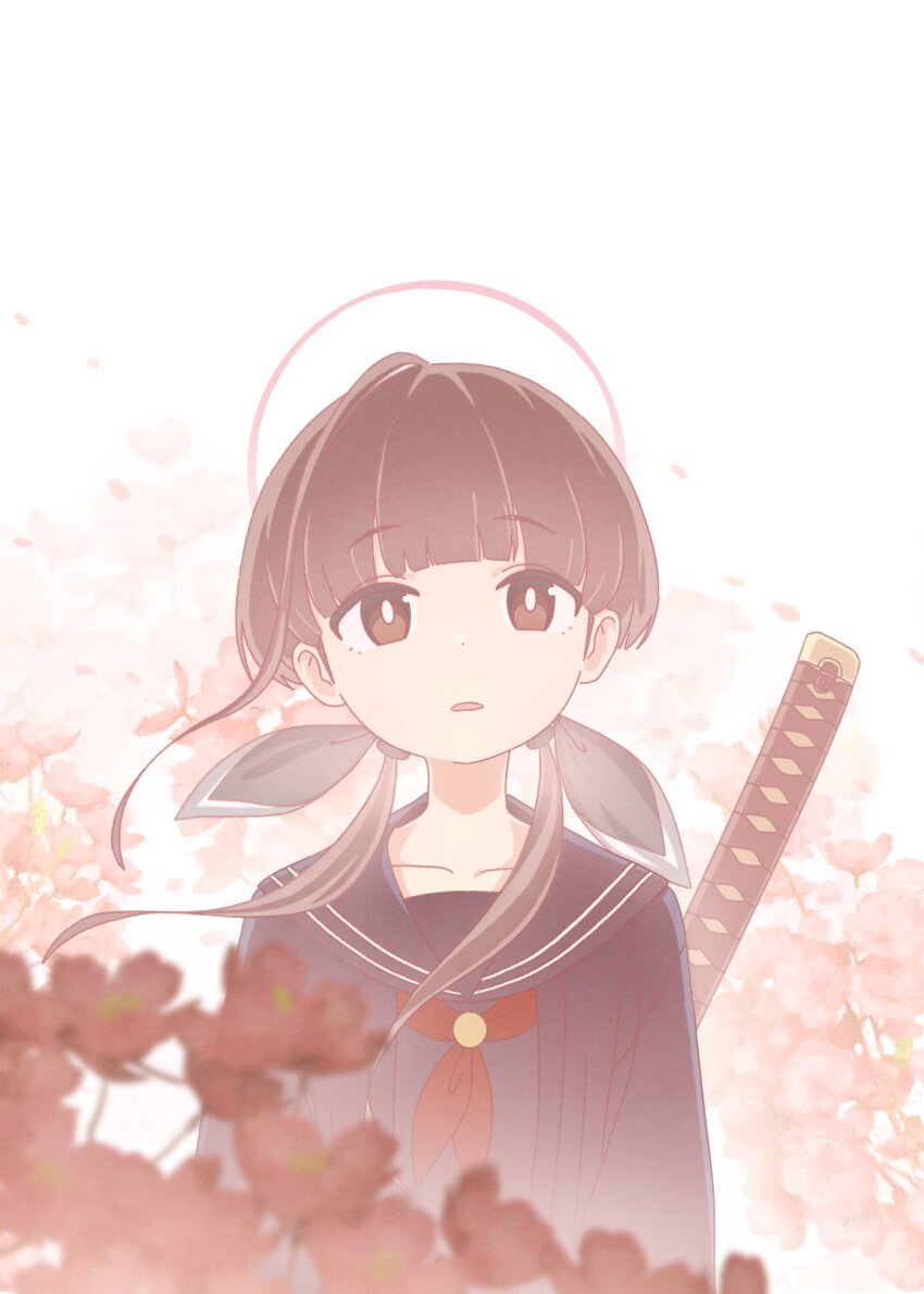 1girl absurdres black_ribbon black_sailor_collar blunt_bangs brown_hair flower hair_ribbon halo hashtag-only_commentary highres kutsusama long_hair low_twintails neckerchief ohitome_kohane parted_lips petals pink_flower project_kv red_flower red_neckerchief ribbon sailor_collar school_uniform simple_background solo sword twintails upper_body weapon white_background