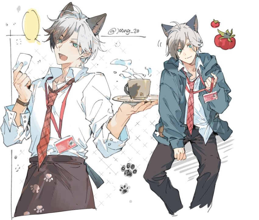 2boys ahoge animal_ears animal_hands apron black_hair black_pants blank_speech_bubble blue_jacket brown_apron cat_ears cat_paws cup dress_shirt green_eyes hair_between_eyes highres holding holding_paper holding_plate hood hooded_jacket jacket kemonomimi_mode lanyard long_sleeves ludger_will_kresnik male_focus mug multicolored_hair multiple_boys multiple_views necktie open_mouth pants paper plaid_clothes plaid_necktie plate red_necktie shirt sitting smile speech_bubble tales_of_(series) tales_of_xillia tales_of_xillia_2 tomato twitter_username two-tone_hair waist_apron white_hair white_shirt xing_20