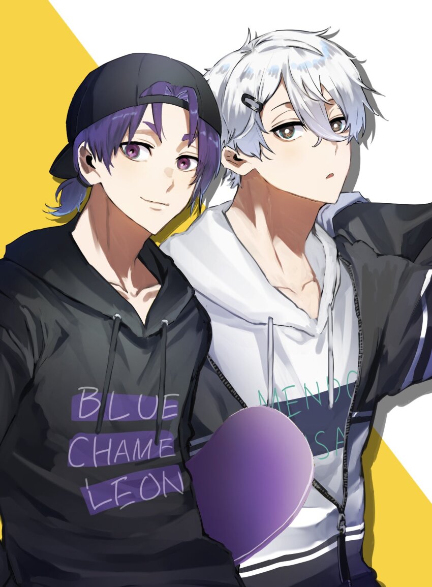 2boys black_eyes black_hoodie black_jacket blue_lock closed_mouth cowboy_shot english_text hair_ornament hairpin highres hood hood_down hoodie jacket looking_at_viewer male_focus mikage_reo multiple_boys nagi_seishirou naka_(58hrprtr) ponytail purple_eyes purple_hair short_hair short_ponytail smile standing two-tone_background white_background white_hair white_hoodie yellow_background