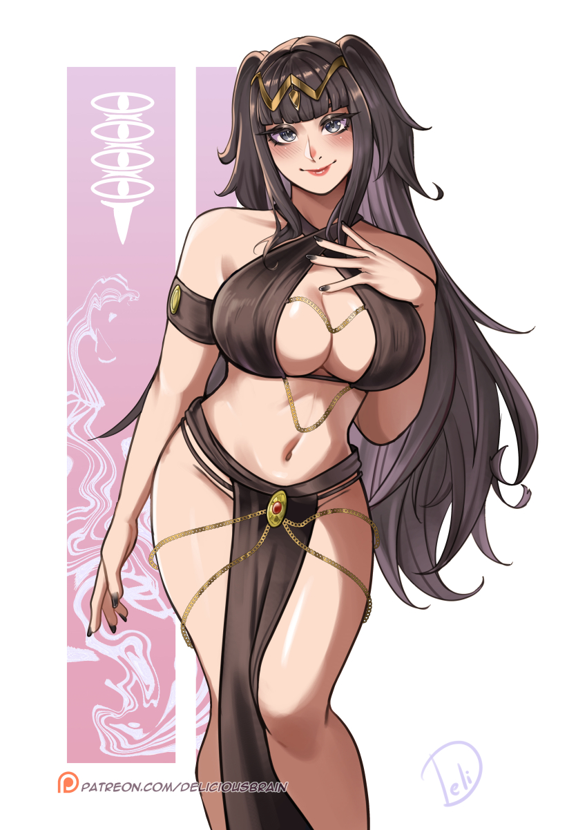 1girl absurdres artist_name black_eyes black_hair black_nails blunt_ends breasts circlet commentary criss-cross_halter deliciousbrain english_commentary eyeshadow fire_emblem fire_emblem_awakening halterneck highres large_breasts long_hair looking_at_viewer makeup meme_attire nail_polish navel nintendo pelvic_curtain smile solo tharja_(fire_emblem) two_side_up yomorio_lingerie