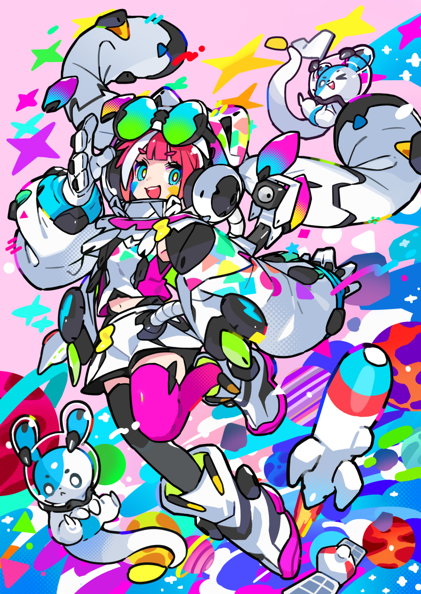 1girl absurdres animal_ears asymmetrical_legwear blue_eyes blunt_bangs boots cat_ears clothing_cutout commentary commentary_request english_commentary eyewear_on_head facepaint hand_up headphones helmet highres kurumitsu leg_up looking_at_viewer mecha_musume mismatched_legwear mixed-language_commentary mouse_(animal) multicolored_hair navel open_mouth original pink_hair planet rabbit rocket satellite short_hair space space_helmet stomach_cutout streaked_hair teeth thighhighs upper_teeth_only white_streaks wide_sleeves yellow_pupils