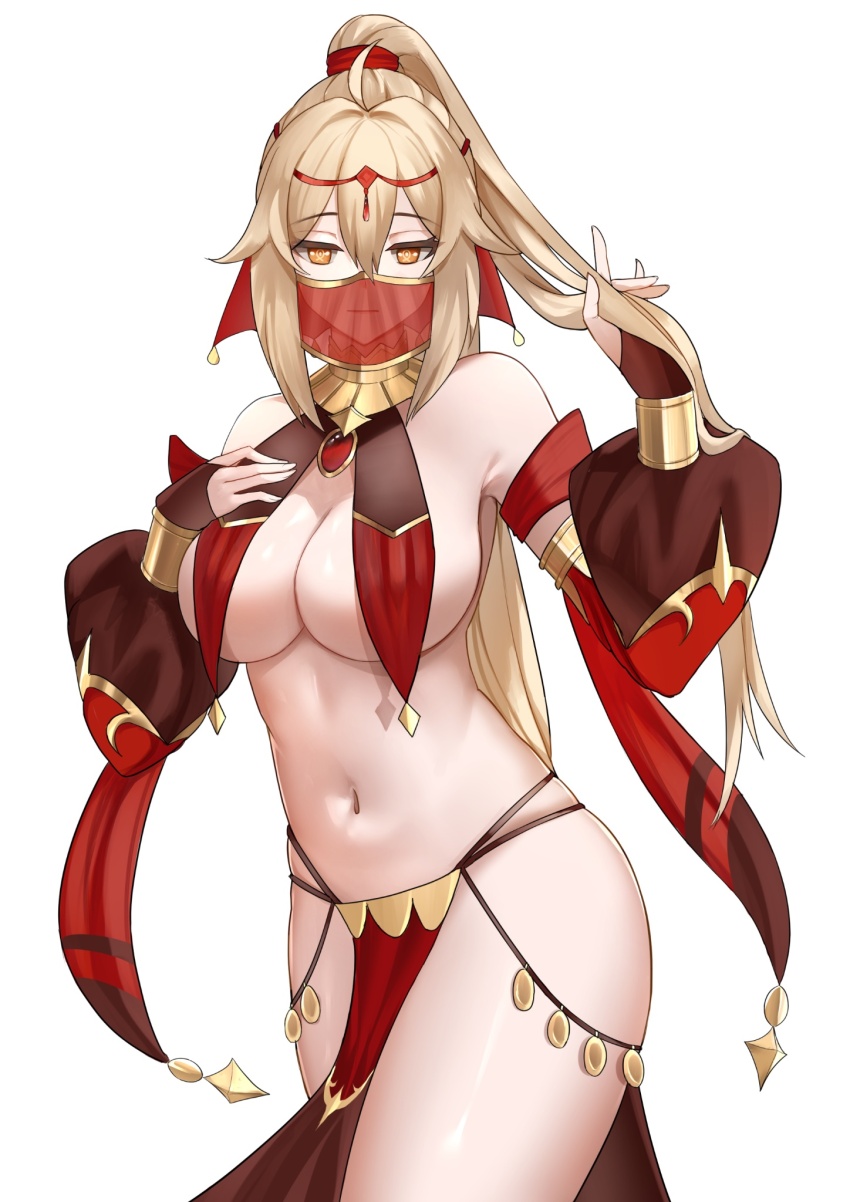 1girl :| alternate_costume alternate_hairstyle astrea_(narutsuart) blonde_hair borrowed_character breasts circlet cleavage closed_mouth commentary commission dancer english_commentary expressionless gem genshin_impact gold_trim hair_between_eyes harem_outfit highres jewelry large_breasts long_hair long_sleeves looking_at_viewer mchiefy mouth_veil navel neck_ring omega_symbol original ponytail puffy_long_sleeves puffy_sleeves see-through_clothes sidelocks simple_background solo symbol-shaped_pupils thighs upper_body veil very_long_hair white_background