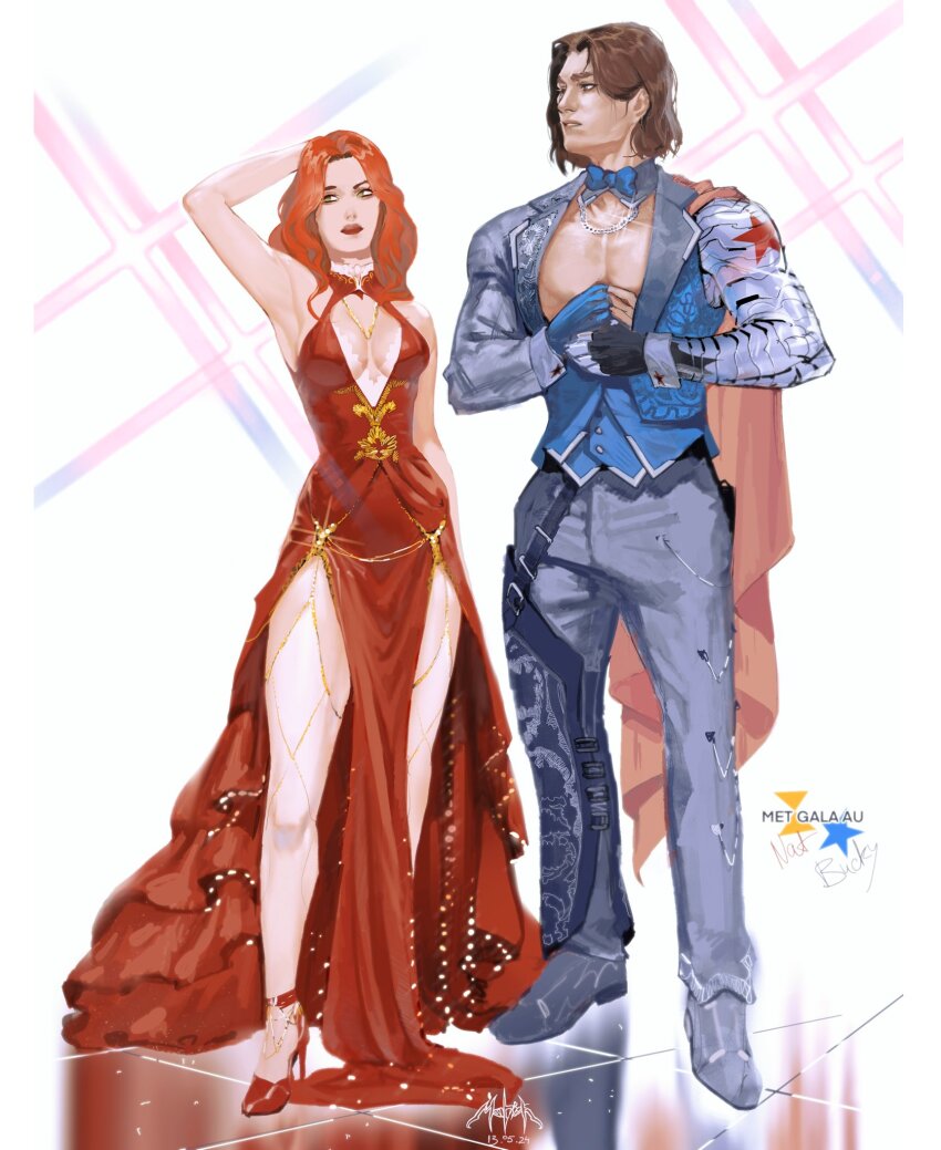 1boy 1girl arm_up asymmetrical_gloves avengers_(series) bare_shoulders black_gloves blue_bow blue_bowtie blue_gloves blue_vest bow bowtie breasts brown_hair bucky_barnes buttons cape chain chain_necklace character_name cleavage_cutout closed_mouth clothing_cutout dated dress fingerless_gloves floor formal_clothes full_body gloves gold_necklace green_eyes grey_eyes grey_jacket grey_pants grey_shoes hands_up high_heels highres jacket jewelry lapels large_breasts looking_at_another marvel mismatched_gloves mohishko muscular muscular_male natasha_romanoff necklace open_clothes open_jacket pants pectorals pink_cape prosthesis prosthetic_arm red_dress red_hair red_lips red_shoes reflective_floor shoes simple_background sleeveless sleeveless_dress sparkle standing star_(symbol) star_print suit suit_jacket teeth vest wavy_hair white_background