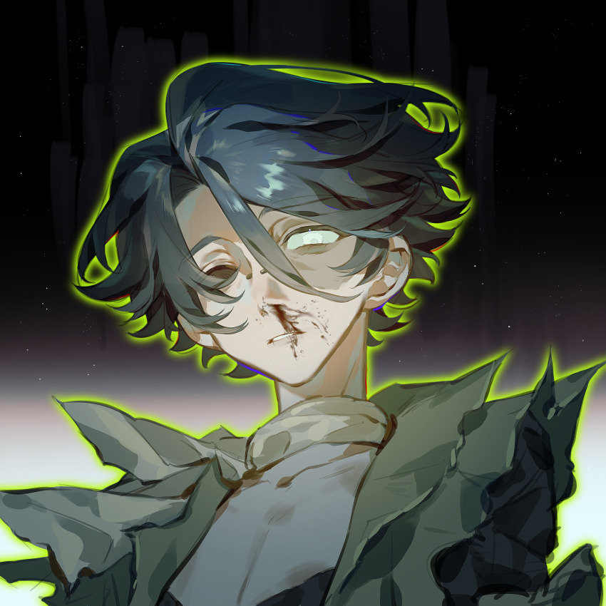 1boy black_hair black_sclera black_shirt blood blood_on_face chinese_commentary collarbone colored_sclera commentary_request dianbo635 face_piercing green_jacket green_outline hair_between_eyes highres identity_v jacket male_focus mismatched_sclera norton_campbell nose_piercing nosebleed open_clothes open_jacket outline piercing portrait procreate_(medium) shirt short_hair solo star_(sky) torn_clothes torn_jacket white_eyes