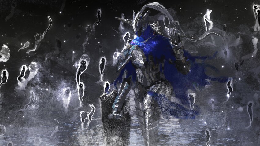 1boy absurdres arm_up armor artorias_the_abysswalker asaki_(asaki_vision) blue_cape breastplate cape chainmail commentary dark_souls_(series) dark_souls_i english_commentary feet_out_of_frame full_armor helmet highres holding holding_shield holding_sword holding_weapon knight male_focus shield solo spot_color standing sword torn_cape torn_clothes weapon
