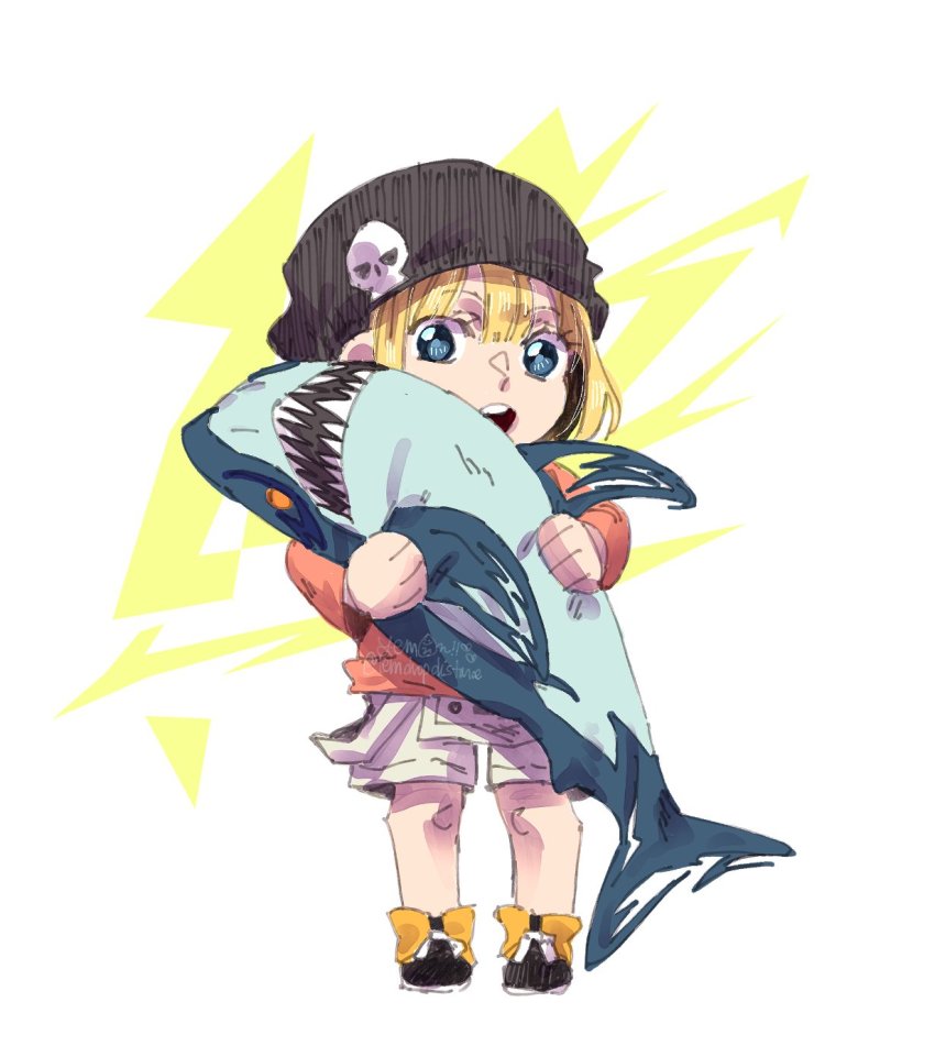 1girl beanie bito_raimu black_footwear blonde_hair blue_eyes hat highres holding holding_toy long_sleeves open_mouth orange_shirt stuffed_toy shark shirt shorts stuffed_animal stuffed_shark stuffed_toy subarashiki_kono_sekai toy white_shorts