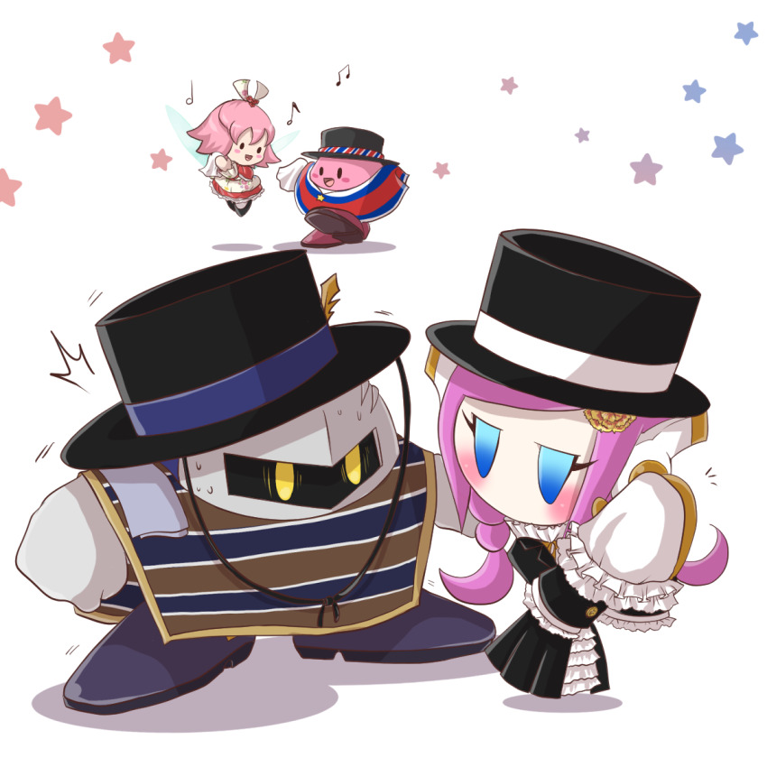 2girls alternate_costume black_headwear blue_eyes blush blush_stickers chile chilean_clothes dress fairy fairy_wings hat highres kirby kirby_(series) konna-nani mask meta_knight multiple_girls musical_note nintendo pink_hair poncho rayman_limbs ribbon_(kirby) simple_background smile star_(symbol) susie_(kirby) sweat white_background wings yellow_eyes