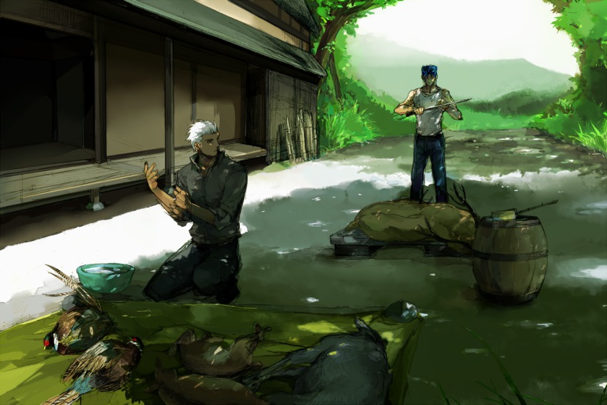 2boys archer_(fate) architecture bird blouse blue_hair casual collared_shirt crimo cu_chulainn_(fate) cu_chulainn_(fate/stay_night) dark-skinned_male dark_skin day deer east_asian_architecture fate/stay_night fate_(series) grey_shirt hair_slicked_back hunting knife male_focus multiple_boys on_one_knee outdoors popped_collar rabbit rural shirt sleeves_rolled_up standing white_hair