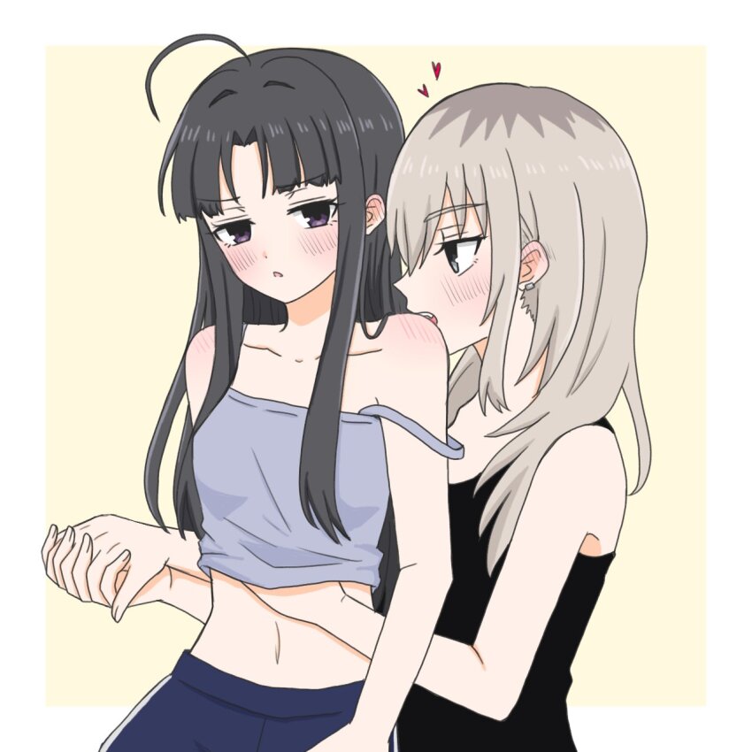 2girls awa_subaru bare_arms biting_shoulder black_hair black_tank_top blush border camisole commentary_request ear_blush earclip girls_band_cry grey_eyes grey_hair hand_up head_on_another&#039;s_shoulder heart highres holding_hands interlocked_fingers kawaragi_momoka long_hair midriff multicolored_hair multiple_girls navel parted_lips purple_camisole purple_eyes roots_(hair) tank_top white_border xiaoyu_(xiaoyu0308) yellow_background yuri
