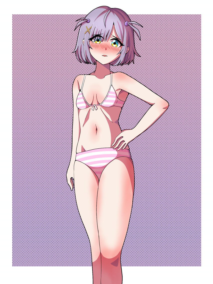 1girl absurdres belly blush blush_stickers bra breasts commission eien_project embarrassed eyes_visible_through_hair green_eyes hand_on_own_hip highres knees looking_at_viewer navel nose open_mouth panties pink_bra pink_panties purple_hair short_hair simple_background small_breasts solo striped_bra striped_clothes striped_panties thighs underwear underwear_only virtual_youtuber zumi_dokumi