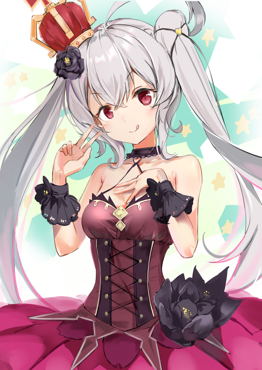 1girl ;p absurdres ahoge azur_lane bare_shoulders breasts cleavage collarbone commentary_request crown dress hair_between_eyes highres long_hair looking_at_viewer mini_crown mugi_no_hikyaku official_alternate_costume one_eye_closed purple_dress red_eyes sidelocks silver_hair smile solo spaghetti_strap tongue tongue_out twintails v valiant_(azur_lane) valiant_(queen_valiant_i)_(azur_lane) wrist_cuffs