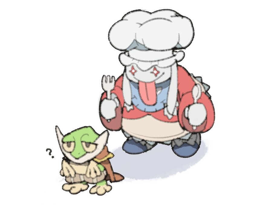 1other ? bib blue_footwear chef_hat chibi cloak coat colored_skin final_fantasy final_fantasy_ix flower-shaped_pupils fork frog from_above hat highres holding holding_fork holding_spoon holding_utensil long_sleeves looking_at_another quina_quen red_cloak red_coat smile spoon symbol-shaped_pupils temmie_chang tongue tongue_out white_background white_skin