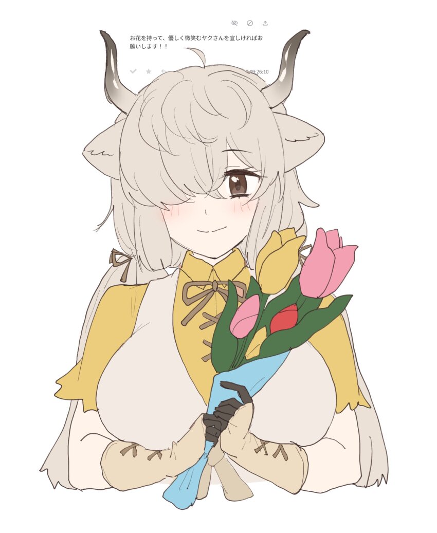 1girl black_gloves blush bouquet brown_eyes chicha_(chi_cha_rigbo) dress flower frilled_sleeves frills gloves hair_over_one_eye highres holding holding_bouquet kemono_friends long_hair looking_at_viewer ox_ears ox_girl ox_horns shirt short_sleeves sidelocks smile solo t-shirt translation_request twintails two-tone_gloves upper_body white_dress white_gloves white_hair yak_(kemono_friends) yellow_shirt