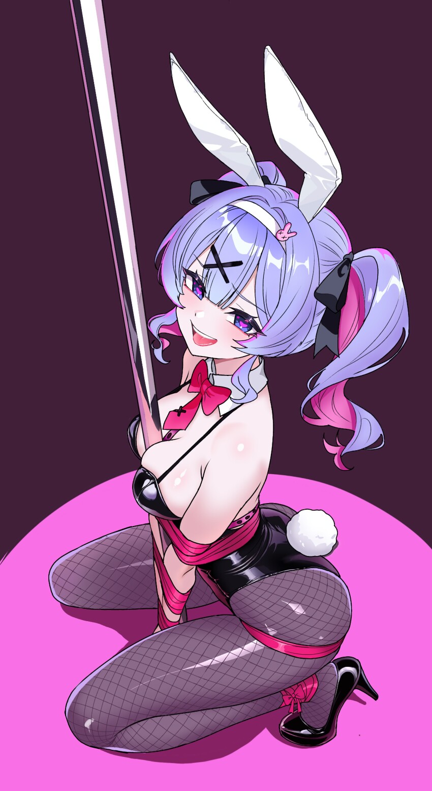 1girl absurdres animal_ears bound breasts commentary english_commentary fishnet_pantyhose fishnet_thighhighs fishnets hatsune_miku heart heart-shaped_pupils highres large_breasts open_mouth pantyhose playboy_bunny pole purple_hair rabbit_ears rabbit_hole_(vocaloid) restrained solo stripper_pole symbol-shaped_pupils thighhighs thighs twintails vocaloid