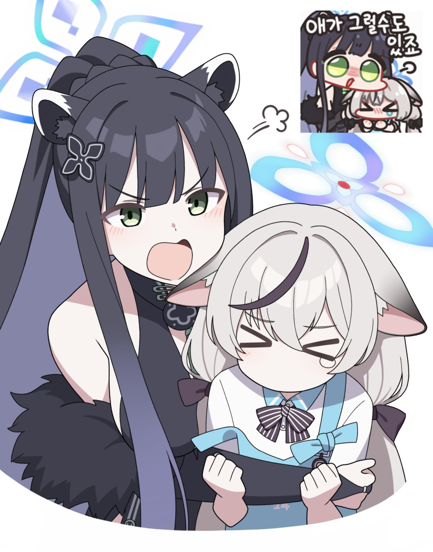 2girls absurdres angel&#039;s_24_uniform_(blue_archive) animal_ear_fluff animal_ears apron black_dress black_hair blue_apron blue_archive blue_halo china_dress chinese_clothes dress green_eyes grey_hair halo highres kokona_(blue_archive) long_hair multicolored_hair multiple_girls polo_shirt shirt short_sleeves shun_(blue_archive) siblings sisters store_clerk streaked_hair tiger_ears tiger_girl vector_(dmlddmld00) very_long_hair white_shirt