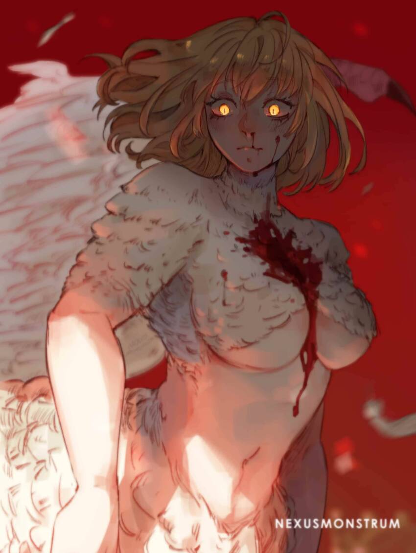 1girl absurdres ahoge alt_text blonde_hair blood blood_on_body blood_on_chest breasts centauroid chimera commentary dungeon_meshi english_commentary falin_touden falin_touden_(chimera) feathered_wings feathers glowing glowing_eyes highres looking_at_viewer monster_girl nexusmonstrum red_eyes short_hair simple_background solo talons taur white_feathers wings yellow_eyes